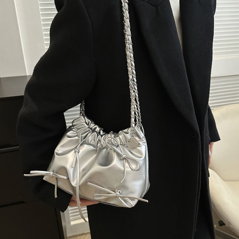 Women's Shoulder One-Sided Design Bucket PU Leather Pleated Bag Casual Plain Handbag