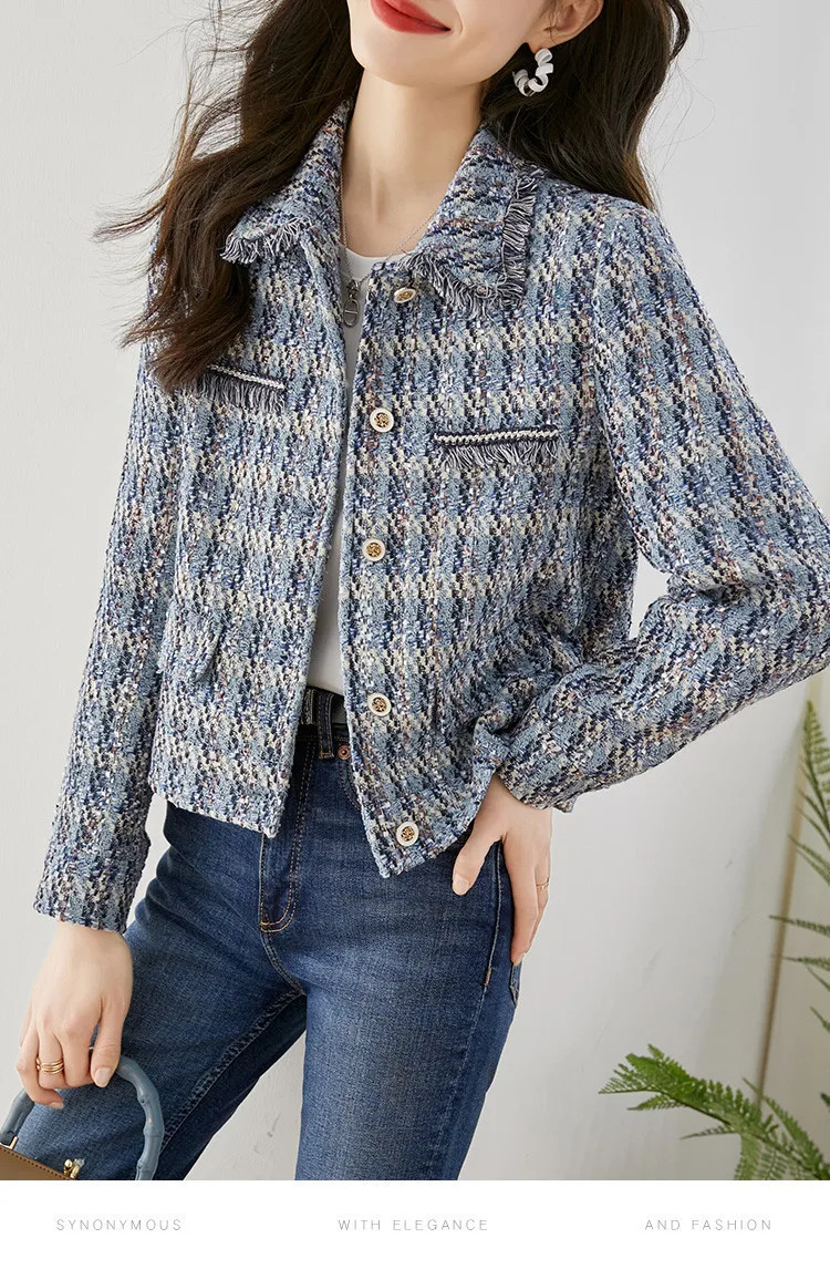 Vimly Plaid Tweed Cropped Jacket For Women 2024 Spring Patch Denim Design Elegant Fashion Lady Short Coat Female Outerwear Q101