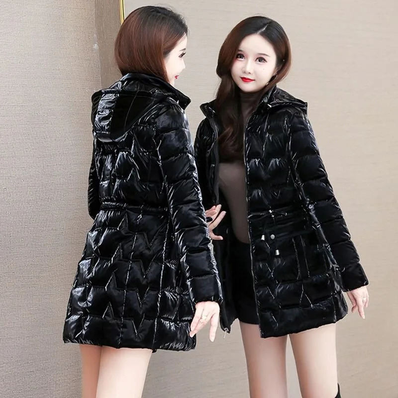 2024 Shiny Down Cotton Coat Women Korean Winter Thick Warm Long Hooded Parkas Female Casual Windproof Jackets Ladies Outerwe 241120