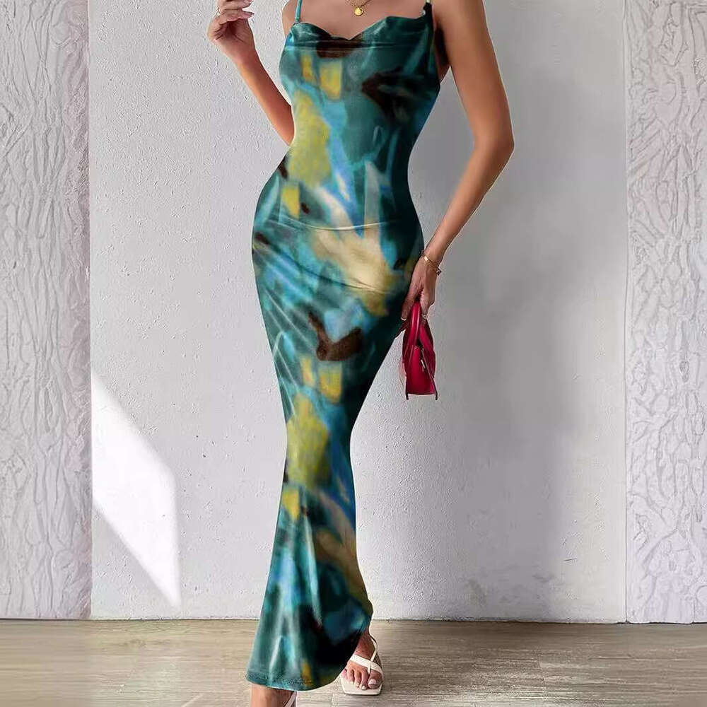 2024 Women's floral thin shoulder strap sleeveless printed suspender dress