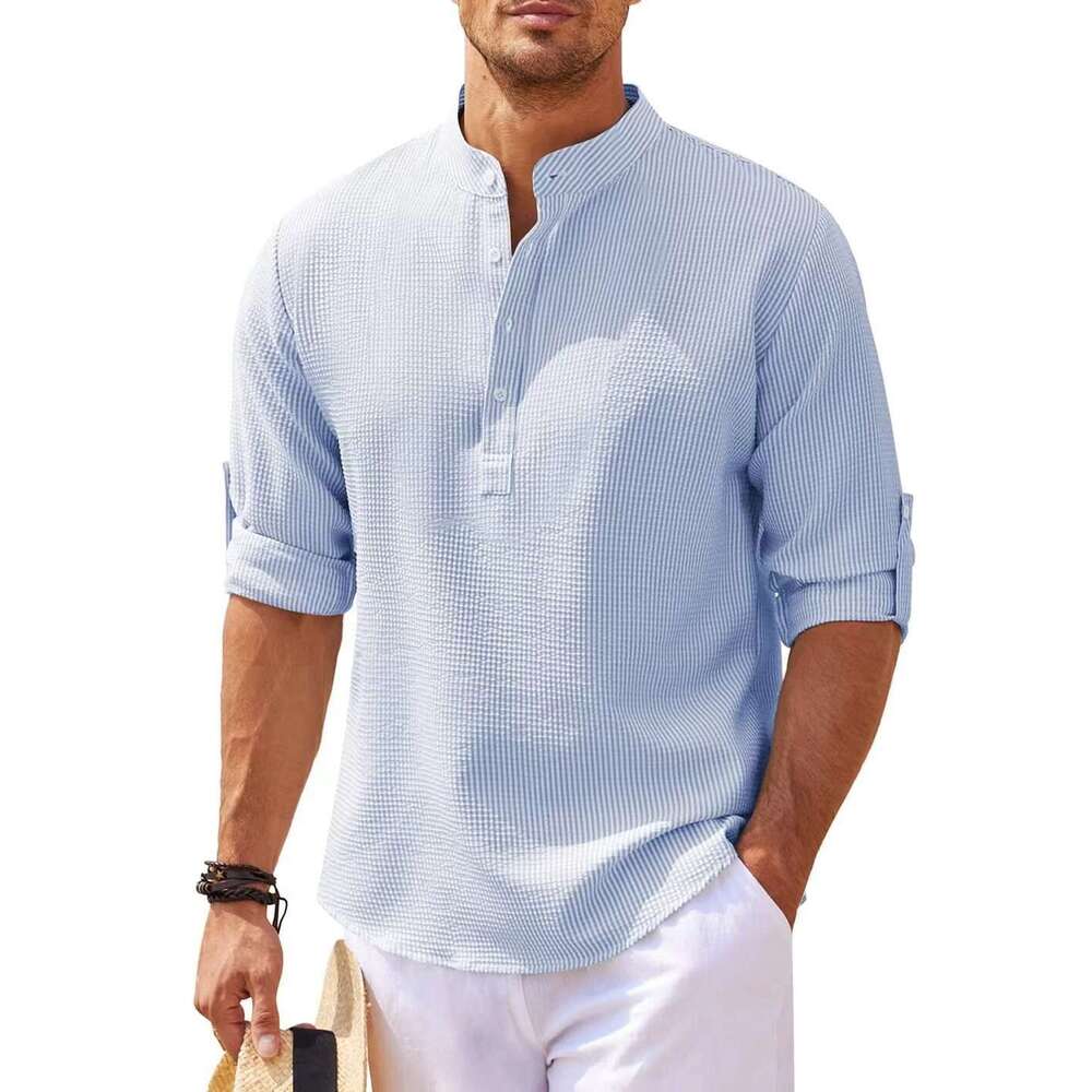 New European and American long sleeved stand up collar open top striped foam men's plus size shirt 2024 new casual fashion trend clothing