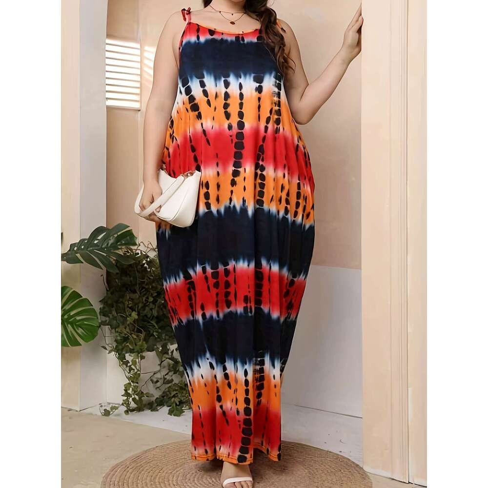 Large tie dye vacation style backless loose spaghetti strap long dress, women's plus size clothing