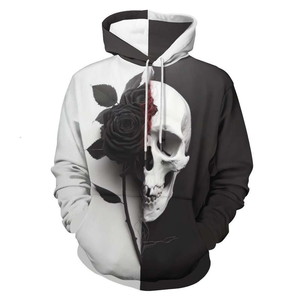 2024 Hot Selg New Halloween Skeleton Guitar Rose 3D Digital Printed Casual Hoodie