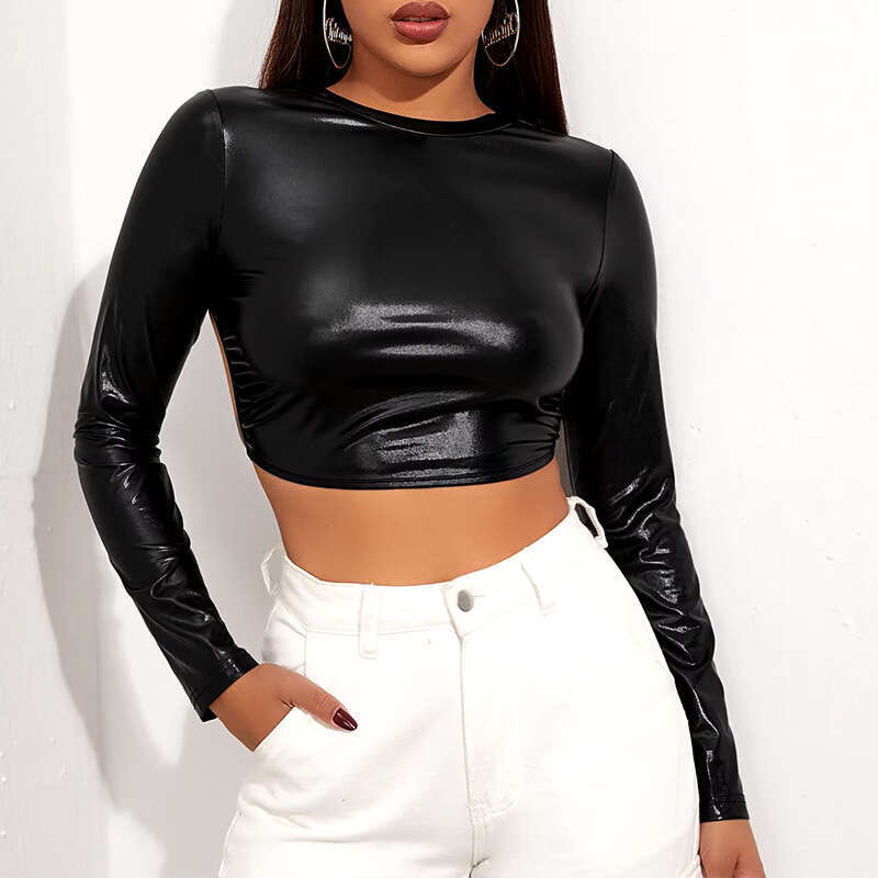 2024 new women's patent leather sexy shiny tight strap top nightclub performance outfit