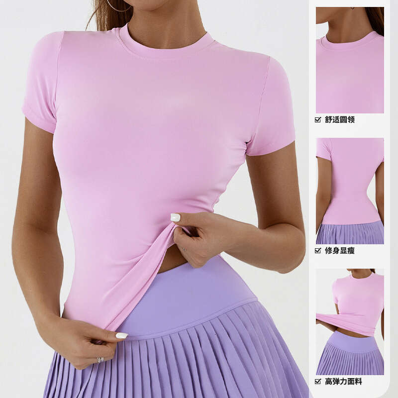 New European American yoga clothes, quick drying interior, outdoor sports and fiess front shoulder T-shirt, slim fit top for women's summer