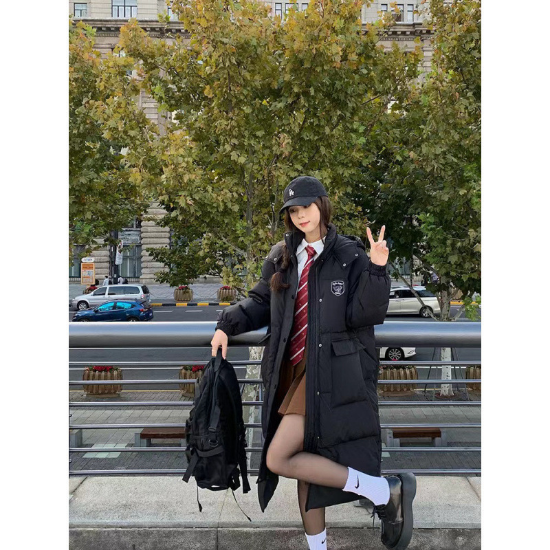 Fashion versatile designer winter Korean drama female student black hooded knee high mid length down thickened cotton coat jacket