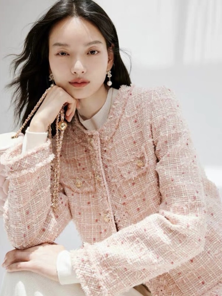 Beige Women's Tweed Fragrance, Autumn/Winter Jacket, Plaid Short Top, New One Piece Classic Jacket