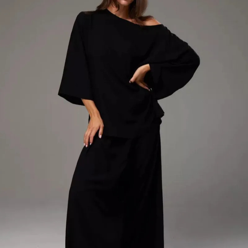 French Loose Women Two Peice Sets O-Neck Long Sleeve Tops + High Wasit Wide Leg Pants White Color Casual Fashion Outfits Suits