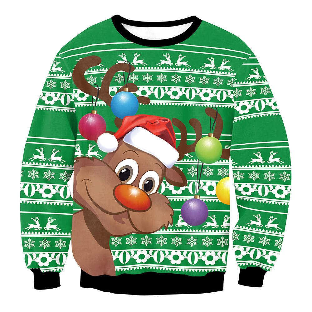 2024 new Christmas reindeer 3D digital print round neck casual men's and women's hoodie loose fit