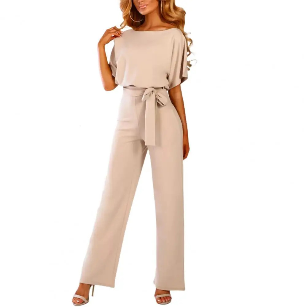 Jumpsuit Lace Up High Waist Elegant Women Solid Color Straight Leg Romper Fashion Shortsleeved Round Neck for Dating 241120