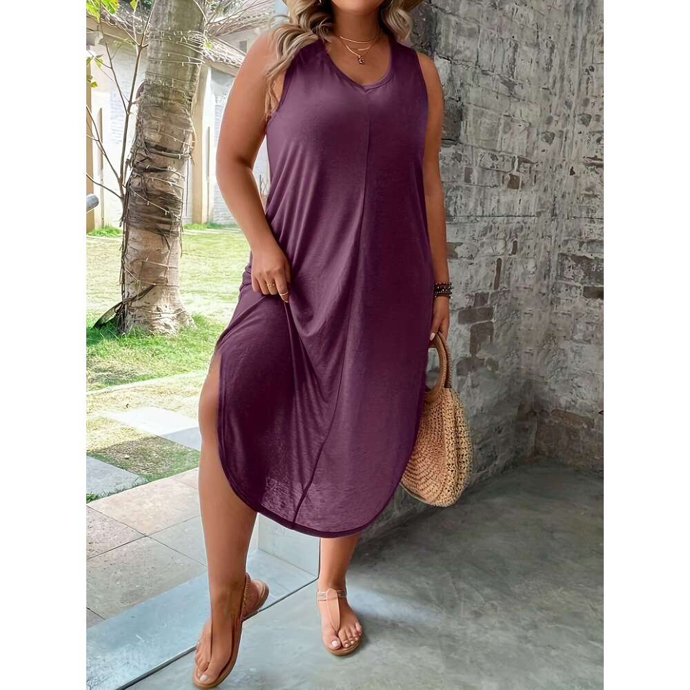 Large solid color curved hem vest skirt, spring and summer casual sleeveless dress, plus size women's clothing