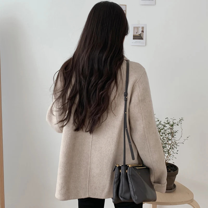 Autumn Winter Double Breasted Woolen Coat Women Korean Style Turn Down Collar Wool Jacket Woman Solid Colort Thick Coats Ladies 241121