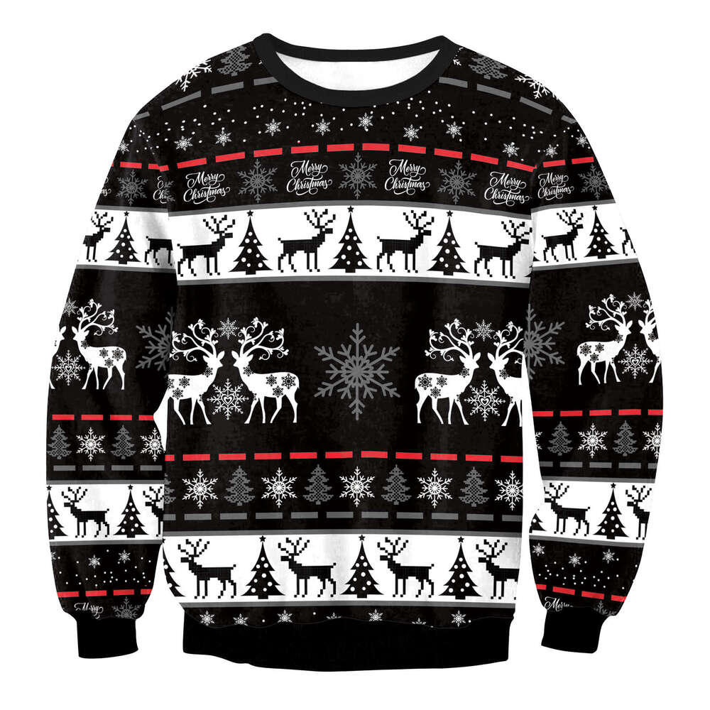 2024 new Christmas reindeer 3D digital print round neck casual men's and women's hoodie loose fit