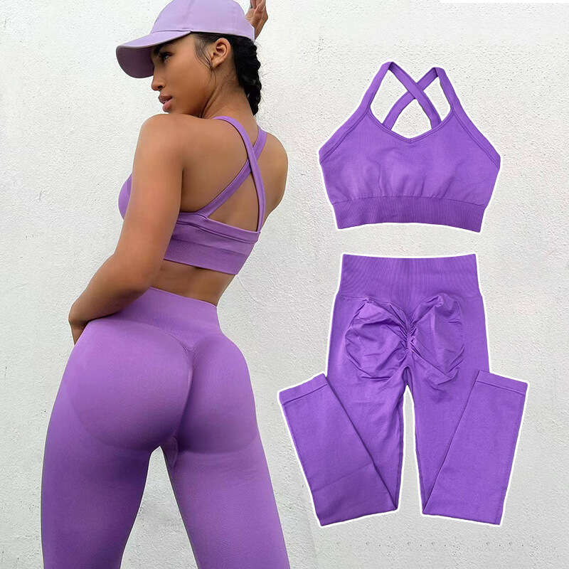 European American new seamless knitted suit for women's sports fiess, high waist and hip lifting yoga pants set