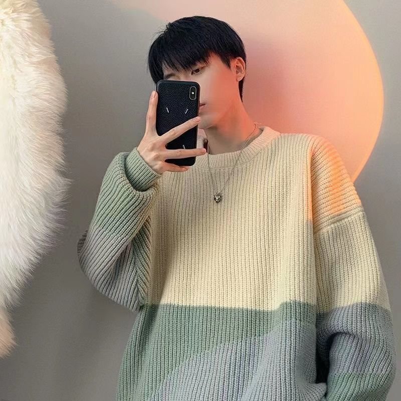 New striped color blocked men's autumn and winter round neck knitted sweater designer winter sweater trend hoodie