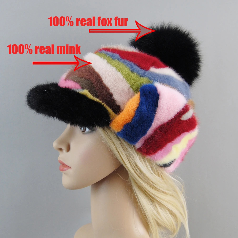 2024 Arrival Mink Fur Hat Women Colorful Winter Warm Real Beanie cap Wholesale Bonnets Fashion For Female 241125