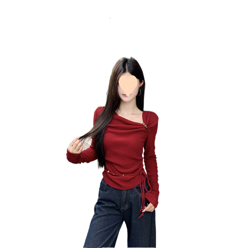 New Angola Red Bead Long Sleeve Knitted Women's Early Autumn New Tie up Folding Slim Fit Top Slant Shoulder Designer Sweater
