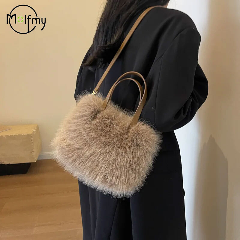 Faux Fur Bag Patchwork Leather Women's Bucket Plush Design Ladies Handbags Tote Shoulder Bags Bright Bolsa Feminina