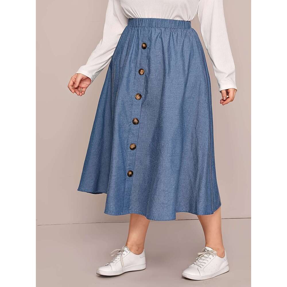 Elegant button up front skirt with elastic waistband solid color, non stretchy polyester blend, machine washable - suitable for all seasons