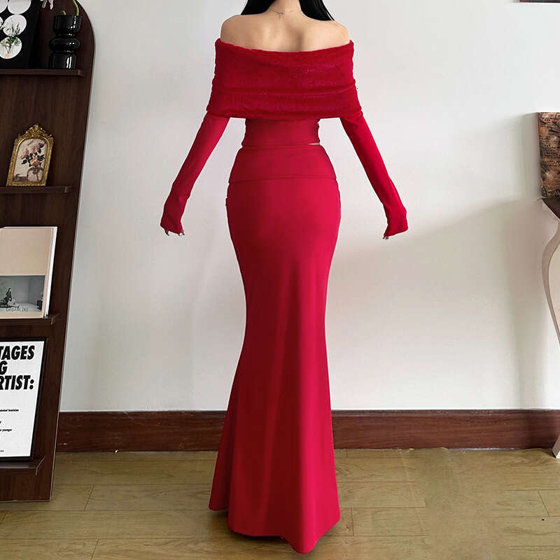 2024 Autumn/Winter New Women's Fashion Sexy One Collar Open Umbilical Long Sleeve Top with Temperament, Slimming and Hip hugging Skirt
