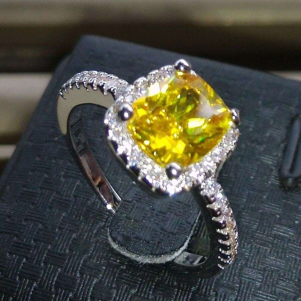 Sterg Sier Filled Yellow Princess Cut Topaz Gemstone Band Ring for Women, Sizes 5-10