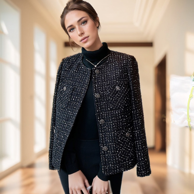 French Small Fragrant Wool Coat For Women, Coarse Plaid Tweed Black Jacket, Shiny Silk, Round Neck, High Quality, New