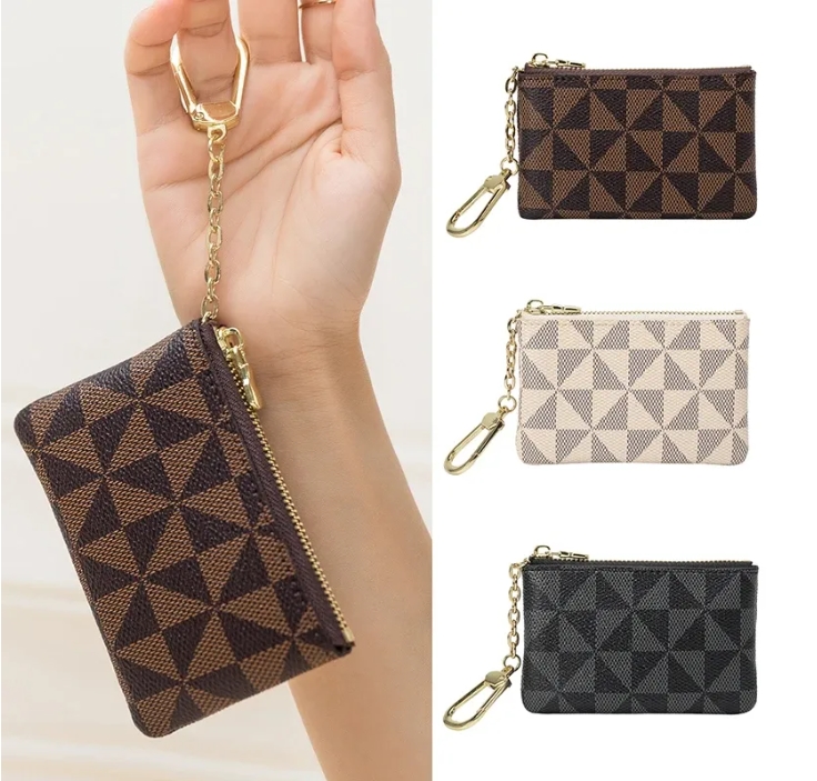 new bag Key Storage Bag with Chain Women Mini Coin Purse Luxury Designer Plaid Leather Small Zipper Wallet Ladies Keychain Trendy Y260206