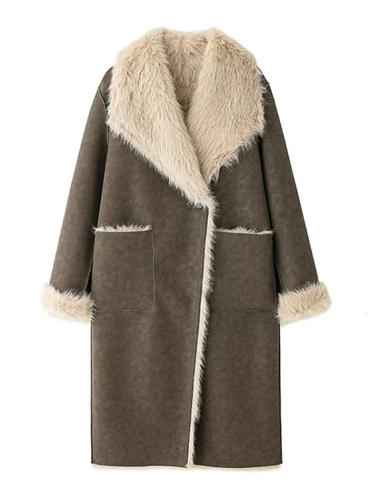 Vintage Fur Leather Long Jacket Casual Lapel Big Pockets Thicken Warm Coats Female 2024 Winter Chic Loose Outwears Lady 241121