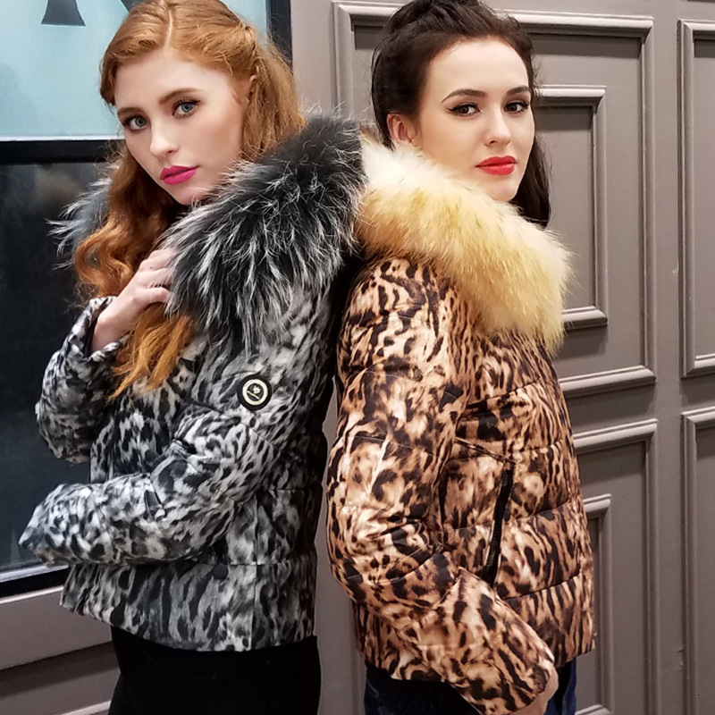 Designer leopard print for women, slim thick, warm and fur collar, hooded white duck down jacket