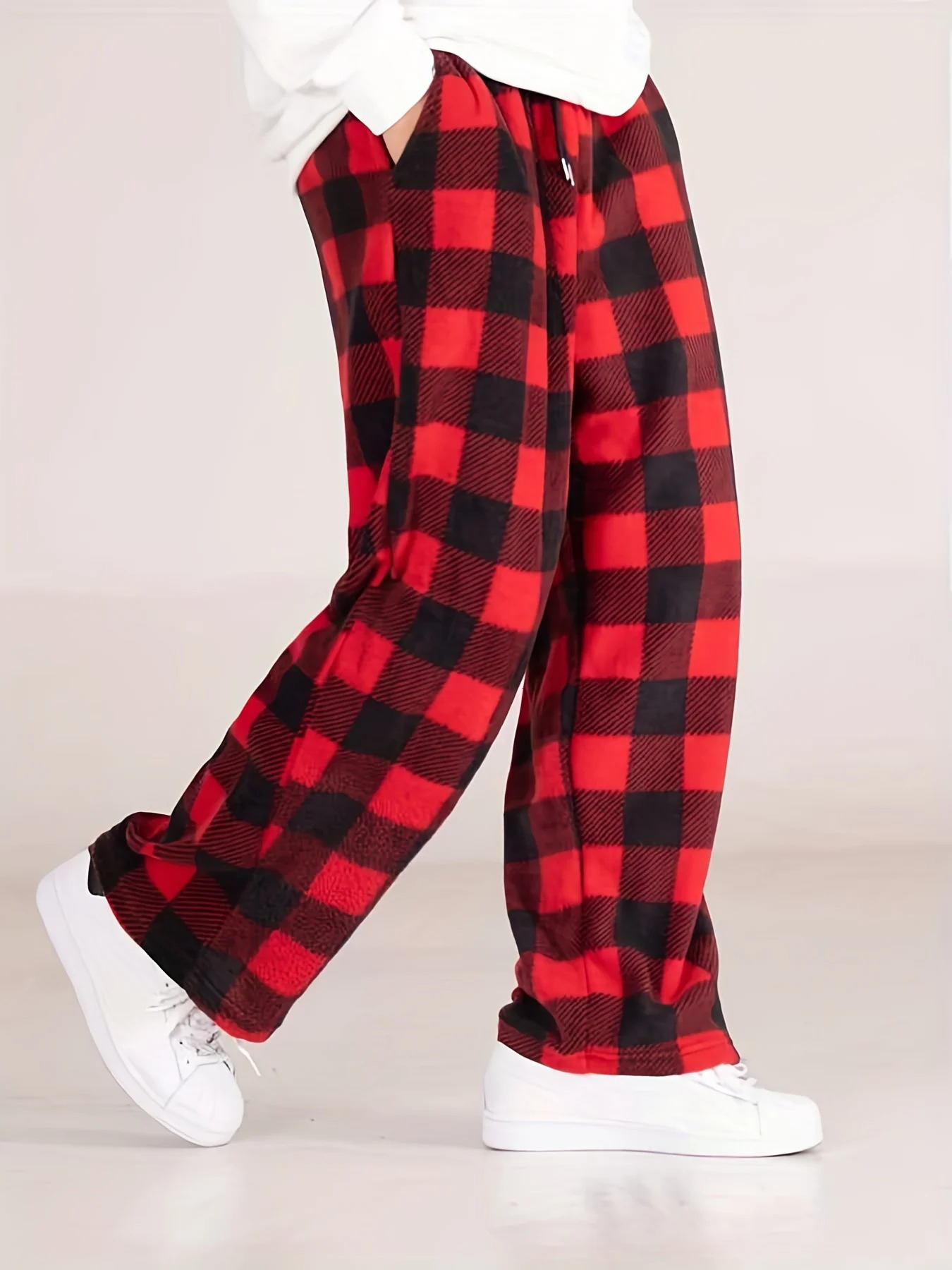 Autumn and Winter Black Red Plaid Pants Christmas Party Casual Sports Versatile Loose Straight Leg Mens American Re 241120