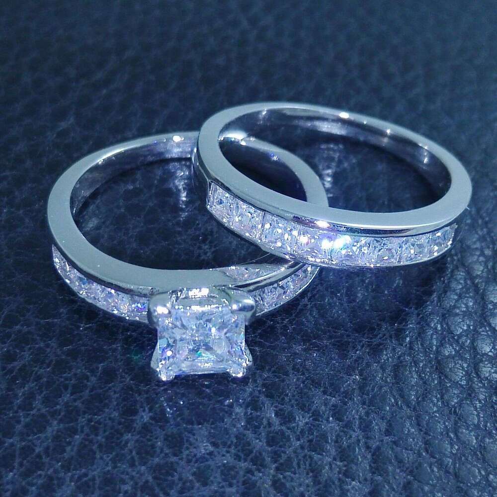 Princess Cut White Gold Filled Wedding Ring Set with Topaz CZ Dias