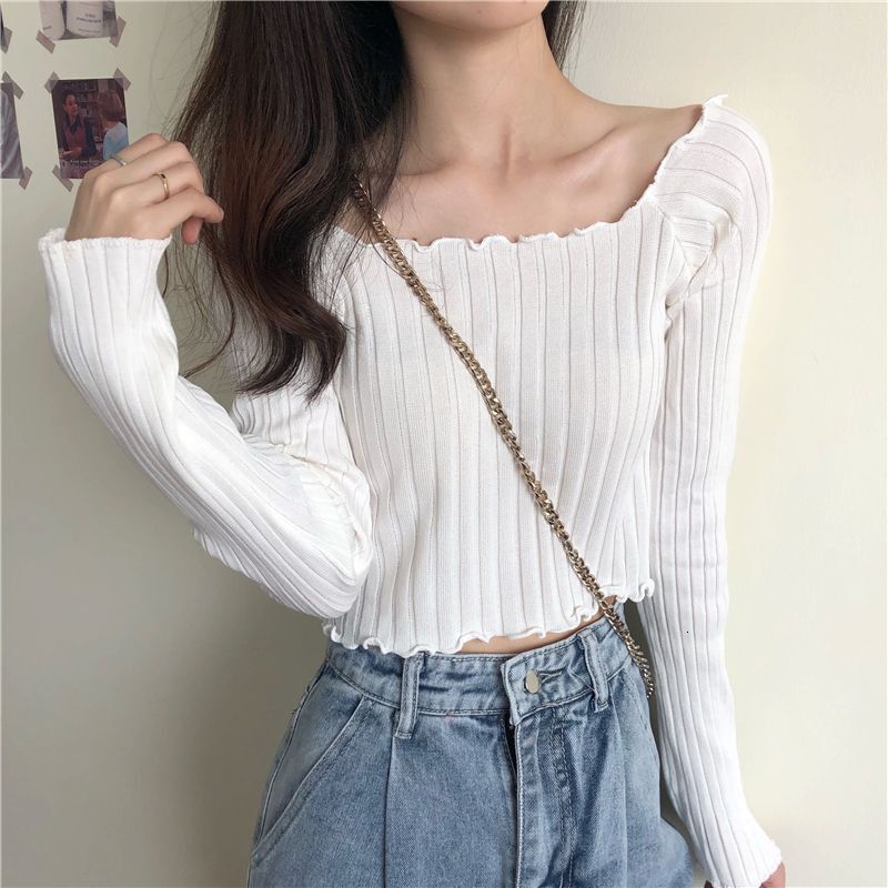 Autumn new single neck pure desire white sweater thin short knitted bottom long sleeved top designer sweater trendy warm hoodie