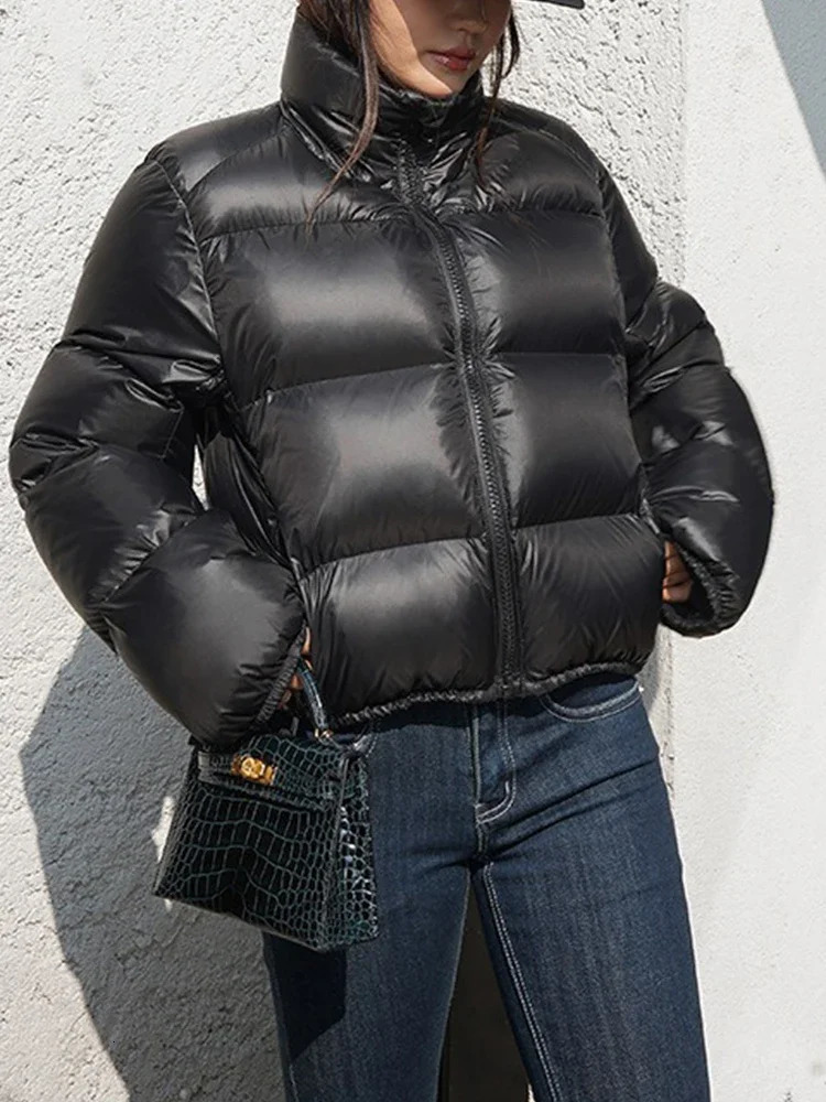 Winter Standing Collar Down Womens Parkas Pockets Zipper Long Sleeved Korean Version Jacket Loose Thick Solid Color Clothing 241120