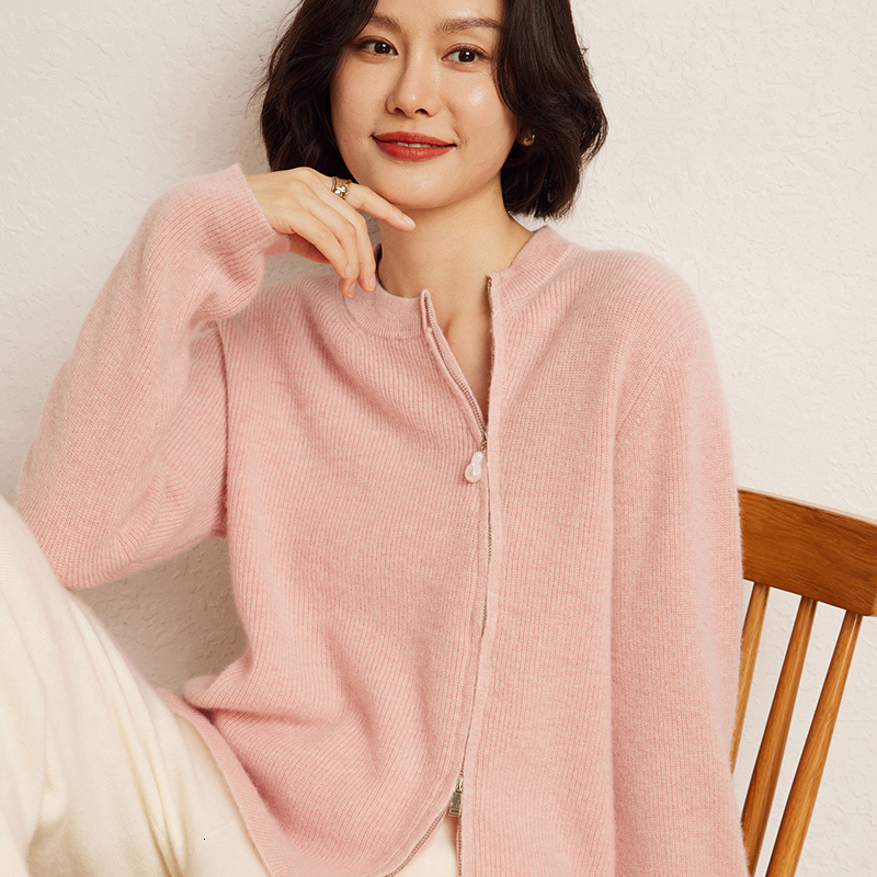 Double Zipper Cardigan Women's Autumn Winter French Fashion Long Sleeved Solid Color Round Neck Cashmere Knitted Jacket