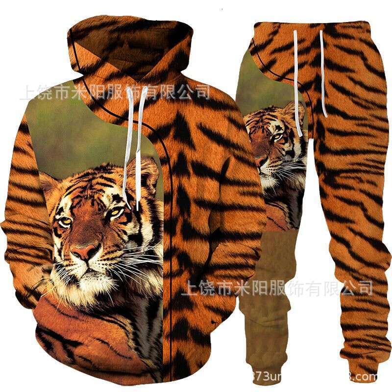 2024 new tiger 3D printed hooded casual loose hoodie set for spring autumn European and American men's hoodies