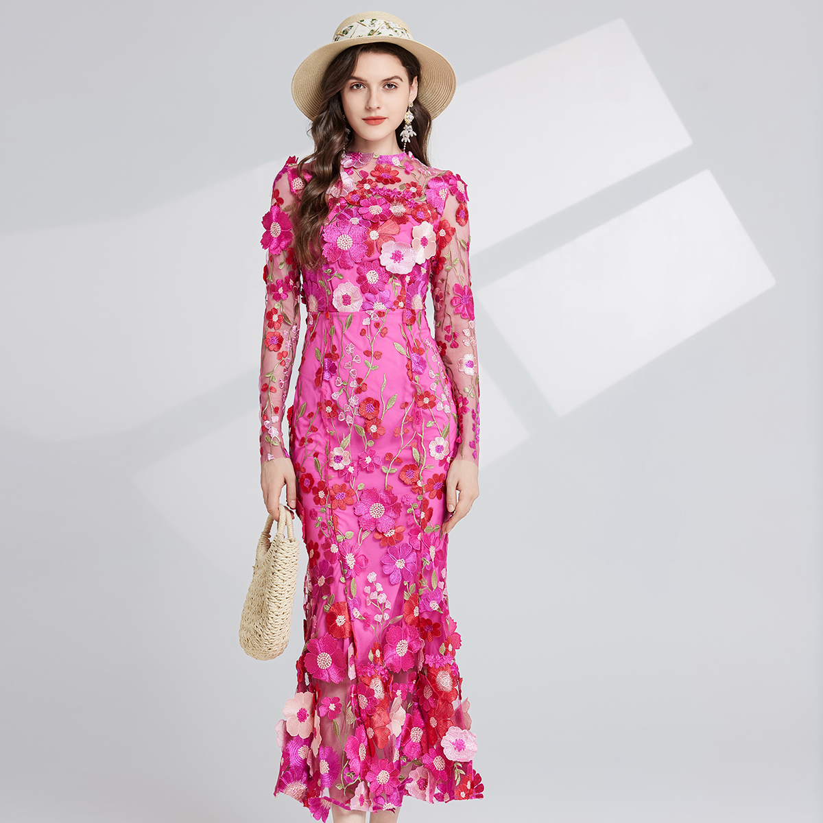 Basic Casual Women Dresses Summer Embroidery Lace Prom Dress Women French Luxury 3D Flower Fishtail Long Sleeve Mermaid Dress Party Bodycon Holiday Ve
