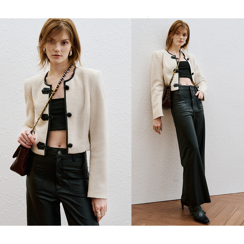 IOO Wool Blend Round Neck Cropped Jacket 2023 Winter Women Fleece Short Coat French Pairs