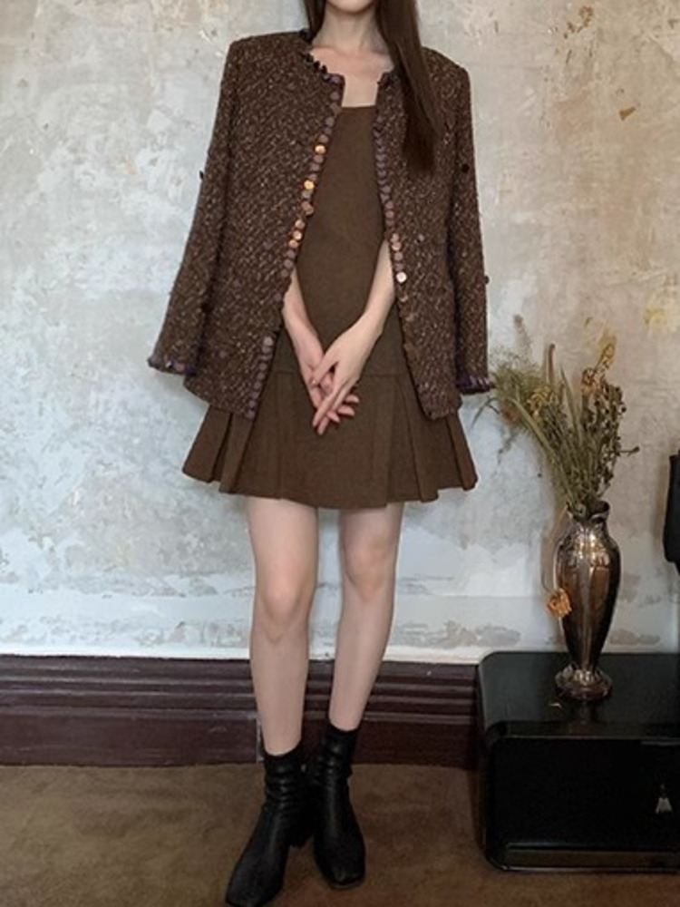 UCXQ Fashion Tweed Jacket Korean Style O Neck Sequin Splicing Cardigan All-Match Woven Woolen Coat Women 2024 Spring Autumn 1384