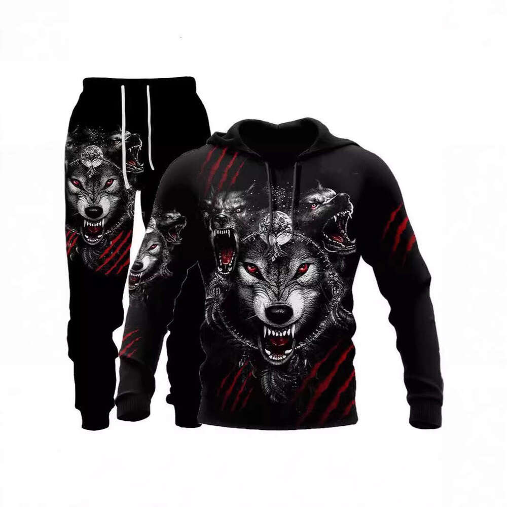 2024 New Fierce Wolf 3D Printed Set Spring Autumn European and American Men's Hoodie