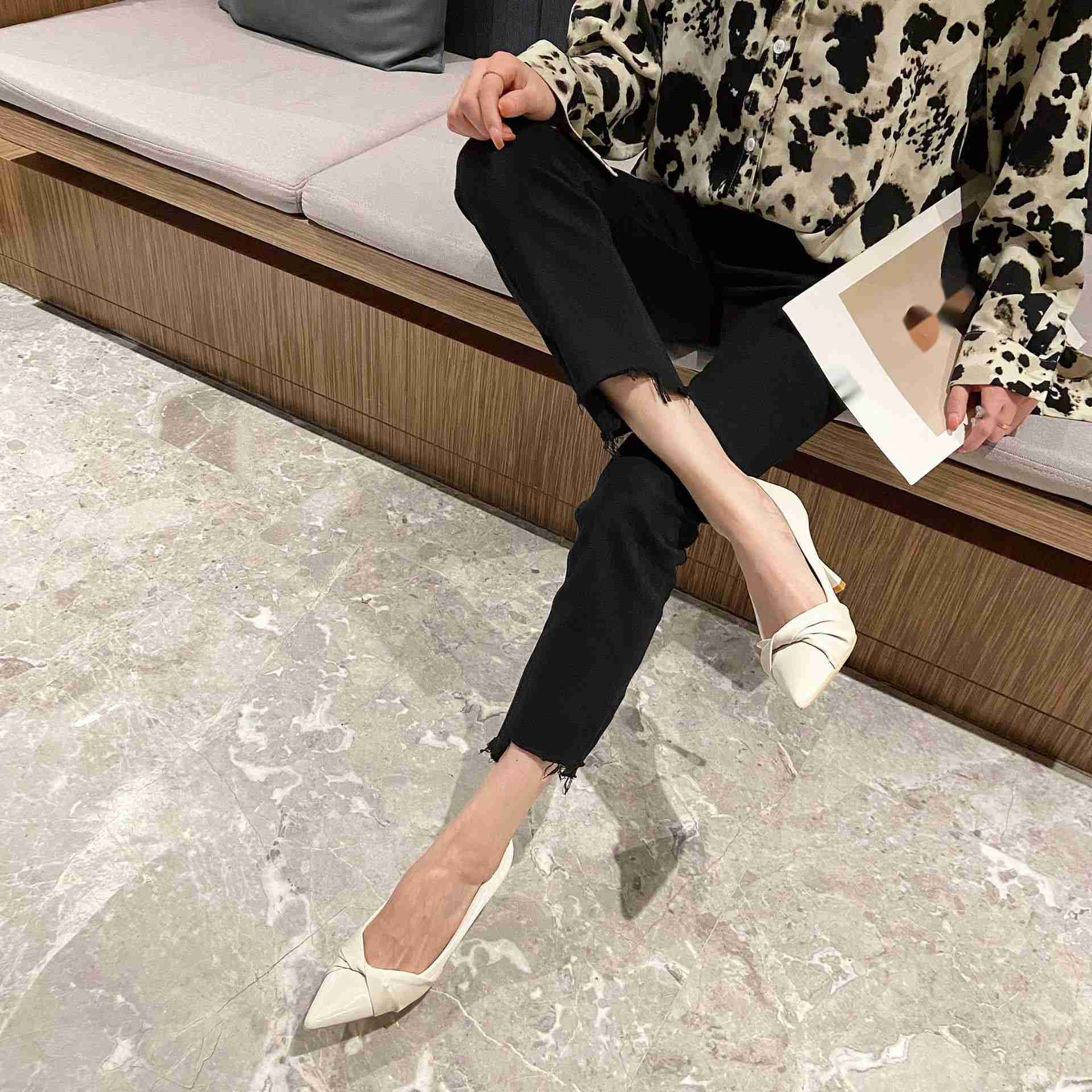 Spring Summer New Collection Solid Color Low Top Pointed Fine Heel 7CM Adhesive Shoes Daily 5CM Womens High Heels
