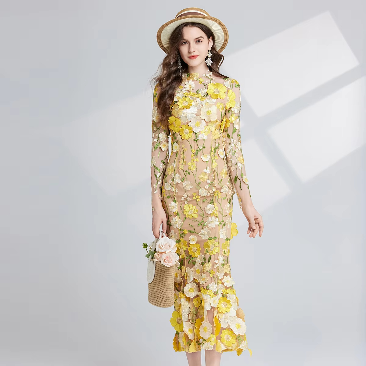 Basic Casual Women Dresses Summer Embroidery Lace Prom Dress Women French Luxury 3D Flower Fishtail Long Sleeve Mermaid Dress Party Bodycon Holiday Ve