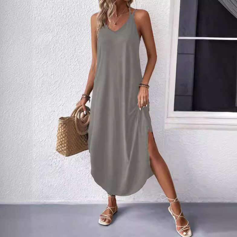 2024 Summer Elegant Cotton Polyester Sling Style Neck Hanging Solid A-line Women's Dress