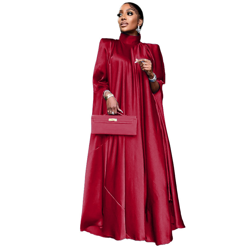 Ethnic clothing Muslim women's high neck loose Middle Eastern robe satin solid color simple basic dress