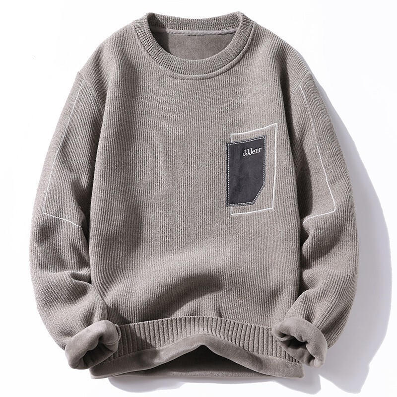 Chenier men's autumn and winter new one-piece warm velvet underwear line jacket round neck bottom knitted designer sweater men's trendy hood