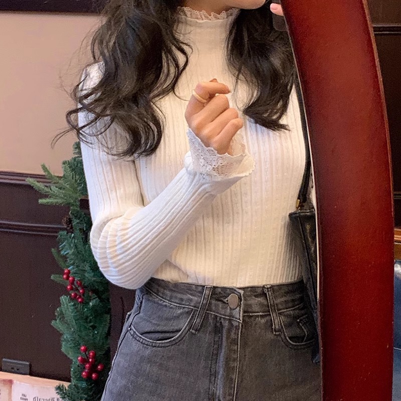 New lace trimmed semi high neck white women's sweatshirt for early autumn, new long sleeved woolen designer jacket, knitted top