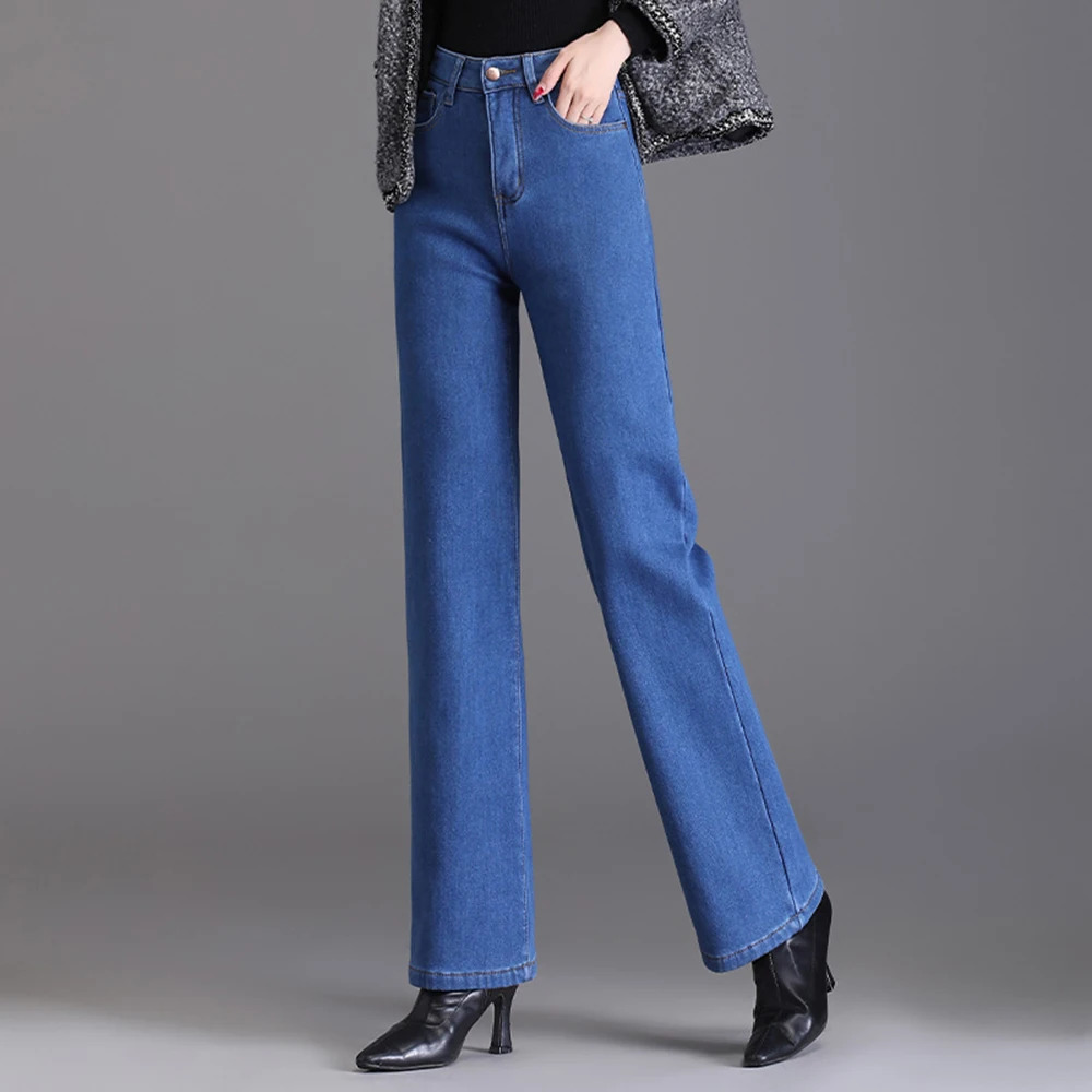 Elegant high waisted straight leg jeans for women thick and warm oversized winter long leg jeans velvet lining 8XL 241122