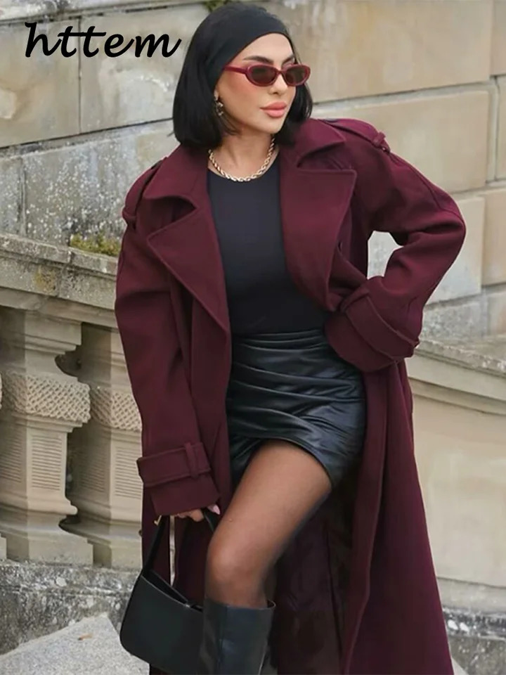 Street Womens Burgundy Woolen Overcoat With Belt Vintage Lapel Double Breasted Long Coat 2024 Autumn Winter Lady Chic Outwear 241121