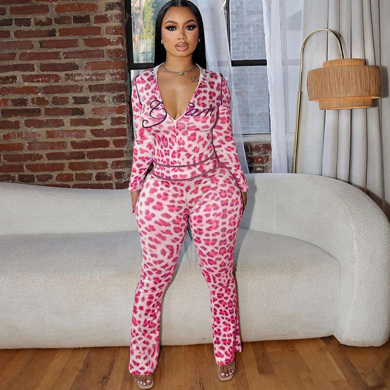 Wind 2024 Summer New Product Printed Hoodie Top Leopard High Waist Tight Pants Set for Women