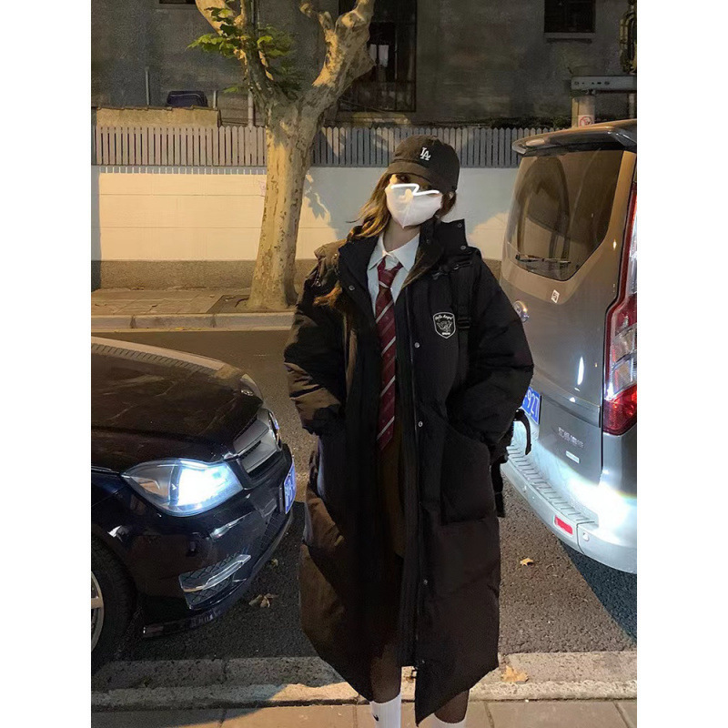 Fashion versatile designer winter Korean drama female student black hooded knee high mid length down thickened cotton coat jacket