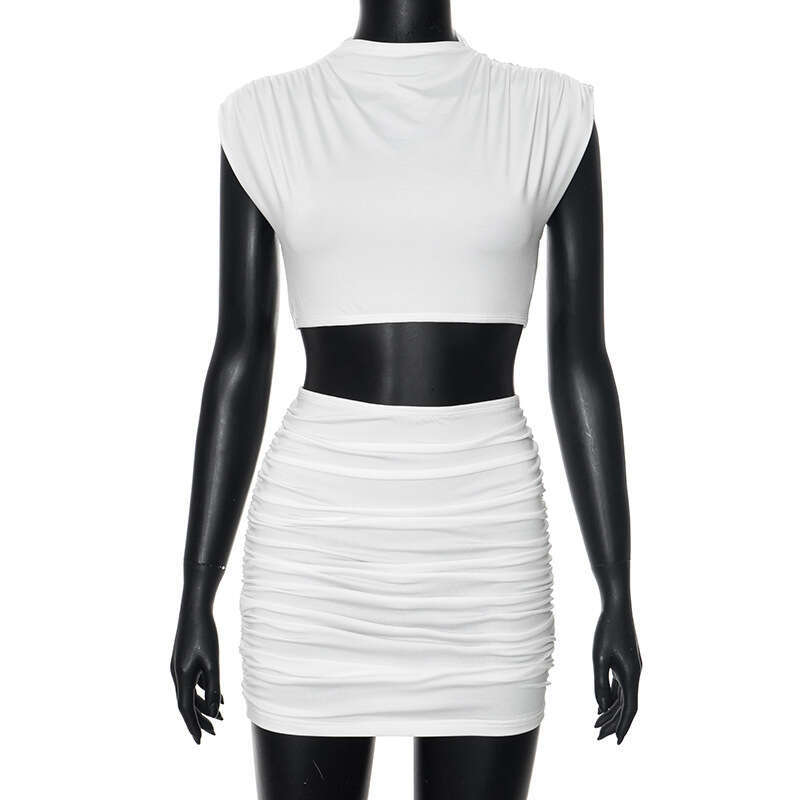 H24ST030 women's summer new color casual sleeveless pleated vest top slim fit short skirt set